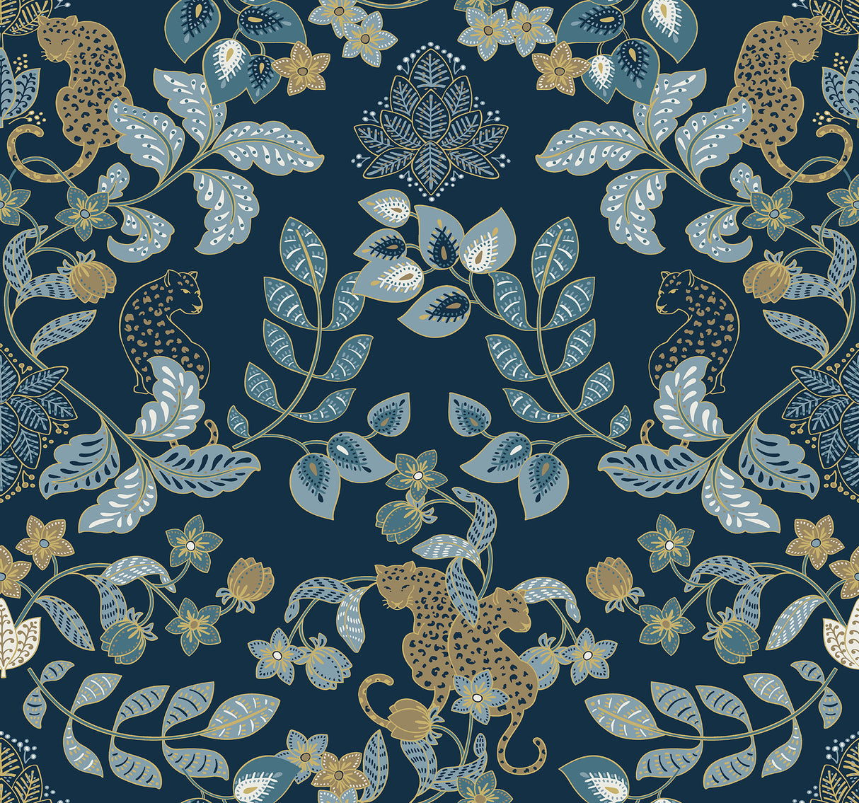 Getty Navy Jungle Damask Wallpaper in Navy and Gold by A-Street Prints featuring leopards amid lush floral vines on a rich navy background