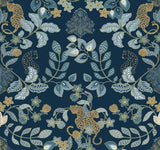 Getty Navy Jungle Damask Wallpaper in Navy and Gold by A-Street Prints featuring leopards amid lush floral vines on a rich navy background