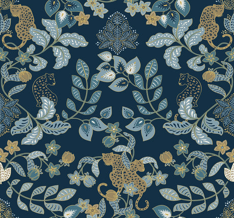 Getty Navy Jungle Damask Wallpaper in Navy and Gold by A-Street Prints featuring leopards amid lush floral vines on a rich navy background