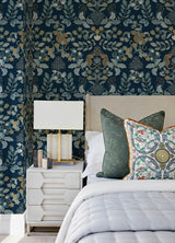 Getty Navy Jungle Damask Wallpaper in Navy and Gold by A-Street Prints Bohemian Leopard Jungle Animal Floral Damask Wallpaper - YK72133