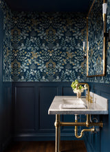 Getty Navy Jungle Damask Wallpaper in Navy and Gold by A-Street Prints Bohemian Leopard Jungle Animal Floral Damask Wallpaper - YK72133