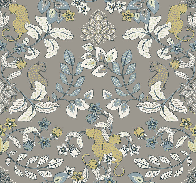 Getty Grey Jungle Damask Wallpaper with Bohemian Animal Motif - Brewster 4034-72134