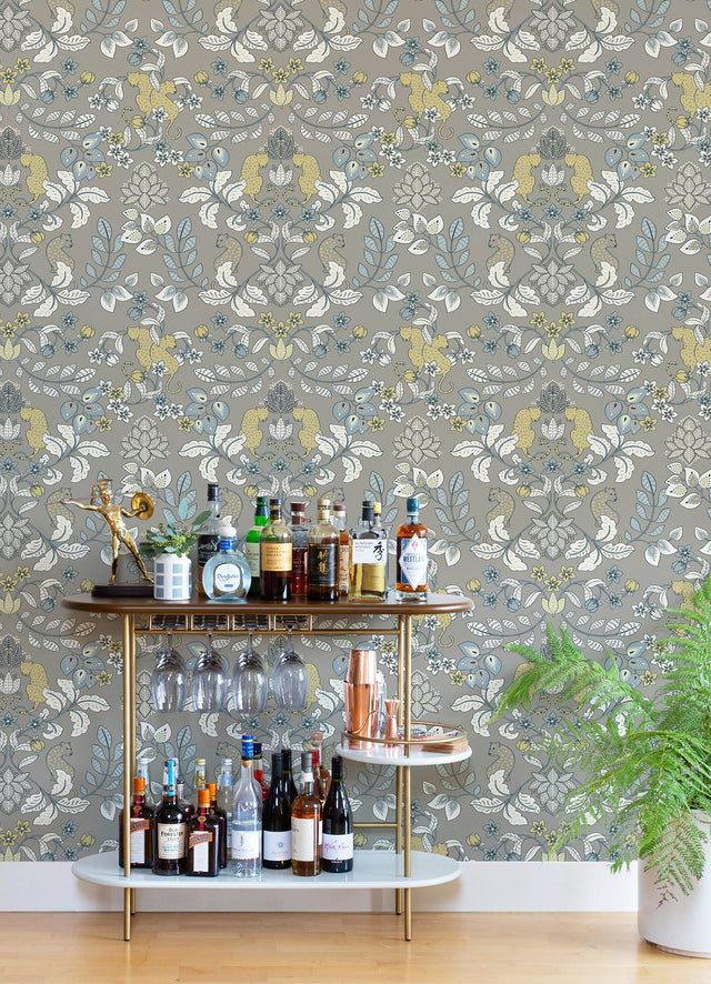 Getty Grey Jungle Damask Wallpaper with Bohemian Animal Motif - Brewster 4034-72134