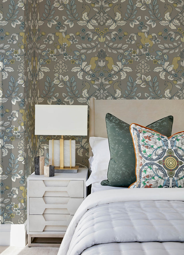 Getty Grey Jungle Damask Wallpaper with Bohemian Animal Motif - Brewster 4034-72134