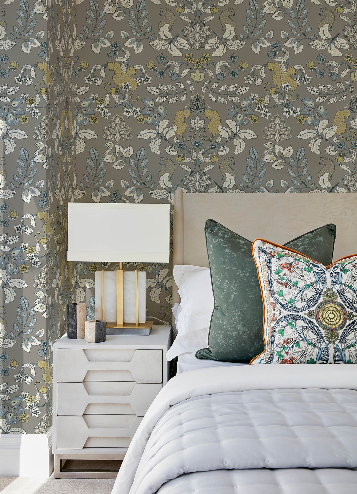 Getty Grey Jungle Damask Wallpaper - Bohemian Leopard and Floral Vine Non Woven Unpasted Wallpaper in Grey by A-Street Prints - YK72134