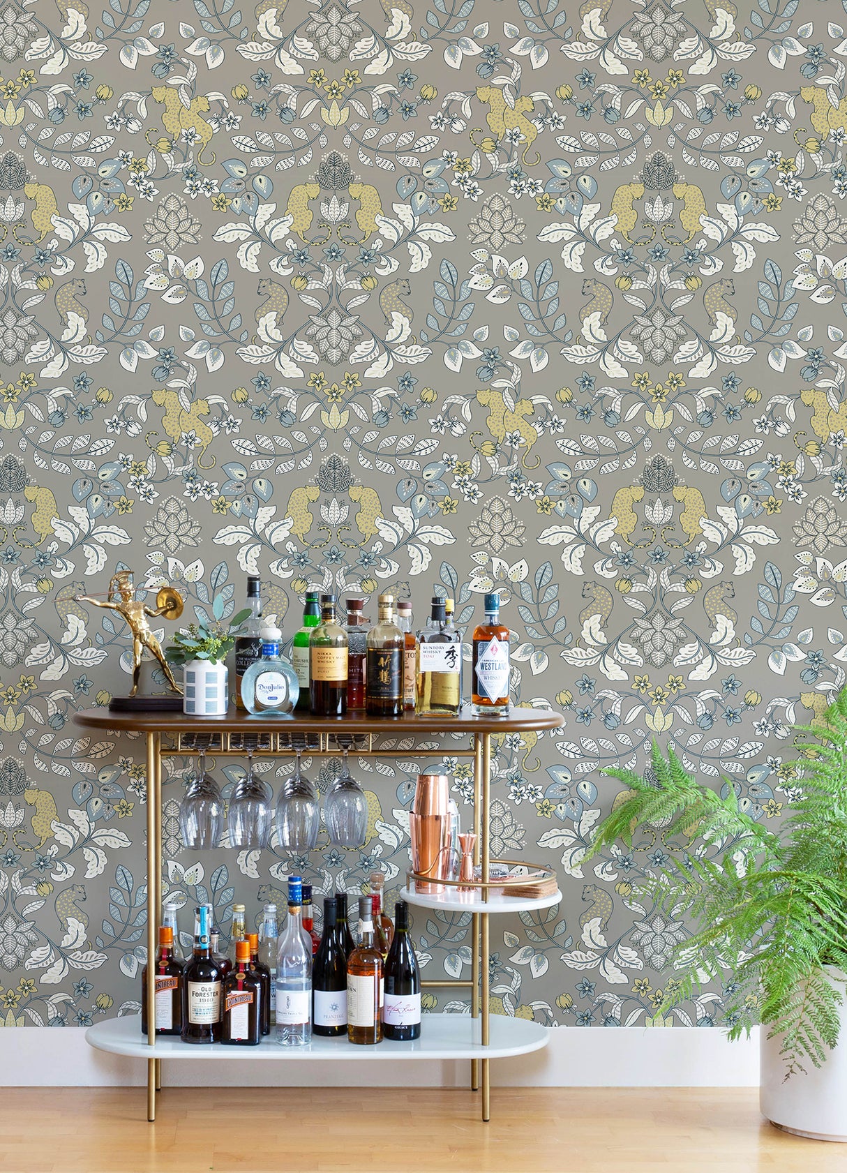 Getty Grey Jungle Damask Wallpaper - Bohemian Leopard and Floral Vine Non Woven Unpasted Wallpaper in Grey by A-Street Prints - YK72134
