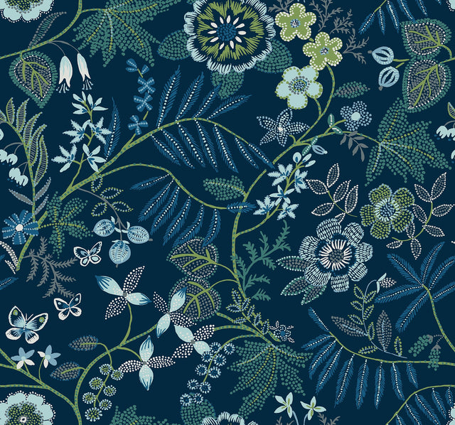 Marilyn Dark Blue Floral Trail Wallpaper with Modern Botanical Flowers - A-Street Prints 4034-72135