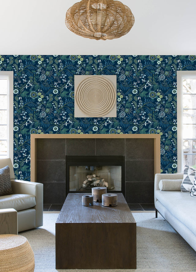 Marilyn Dark Blue Floral Trail Wallpaper with Modern Botanical Flowers - A-Street Prints 4034-72135