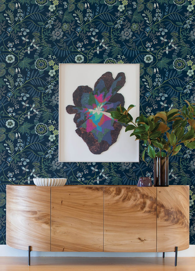 Marilyn Dark Blue Floral Trail Wallpaper with Modern Botanical Flowers - A-Street Prints 4034-72135