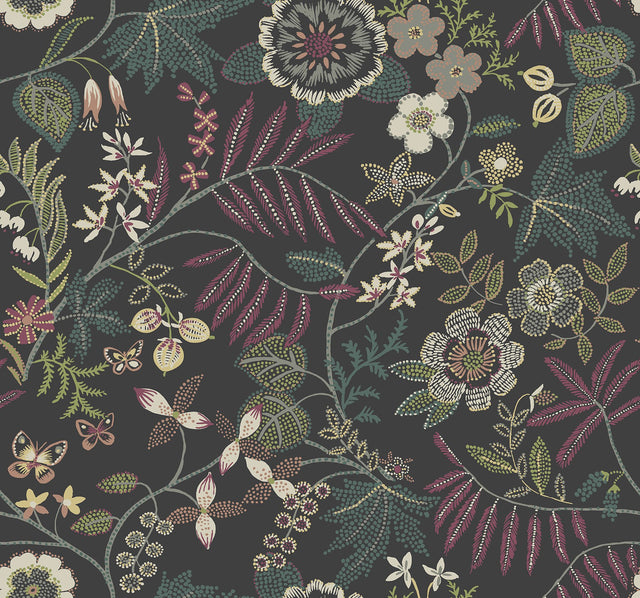 Marilyn Black Floral Trail Wallpaper with Botanical Modern Pattern - Brewster 4034-72138