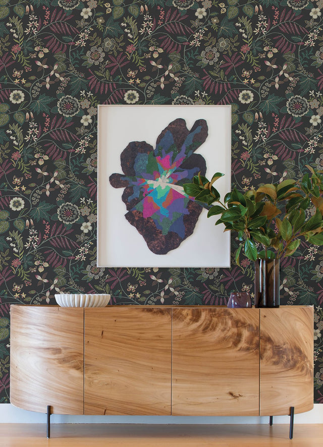 Marilyn Black Floral Trail Wallpaper with Botanical Modern Pattern - Brewster 4034-72138