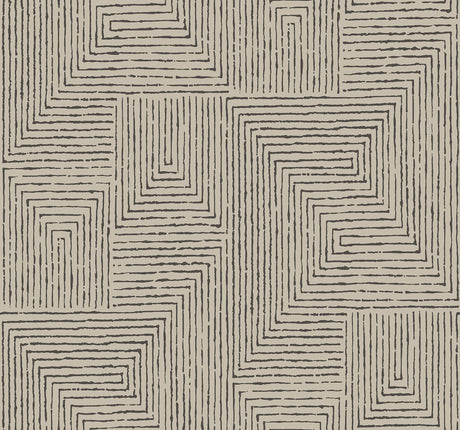 Mortenson Taupe Geometric Cork Wallpaper by A-Street Prints - Modern Maze Pattern in Black and Taupe