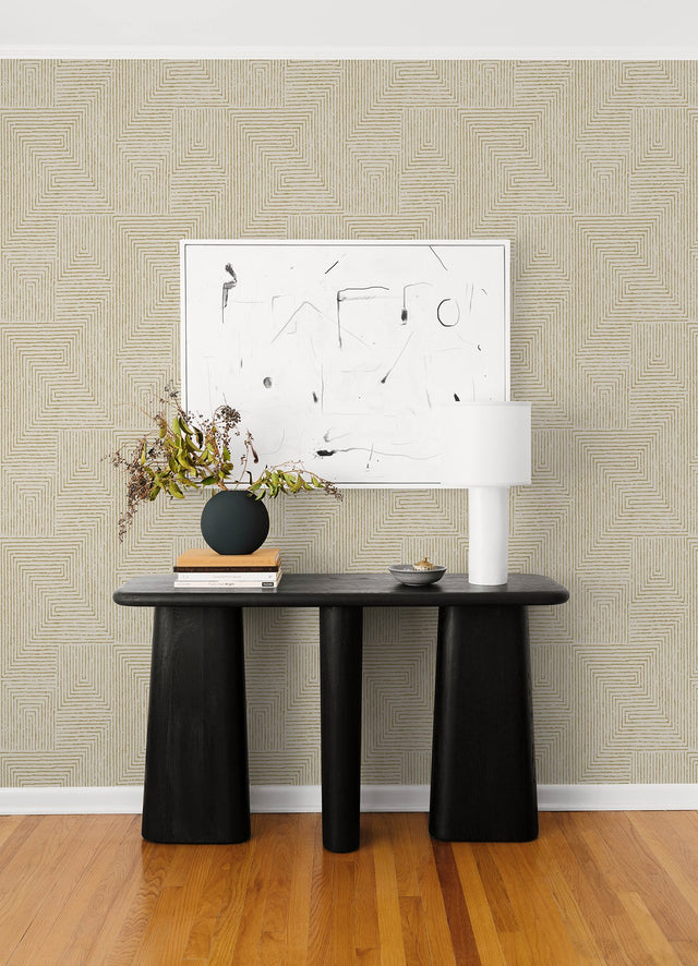 Mortenson Gold Geometric Wallpaper with Metallic Painterly Maze Pattern, Modern - A-Street Prints 4034-72142