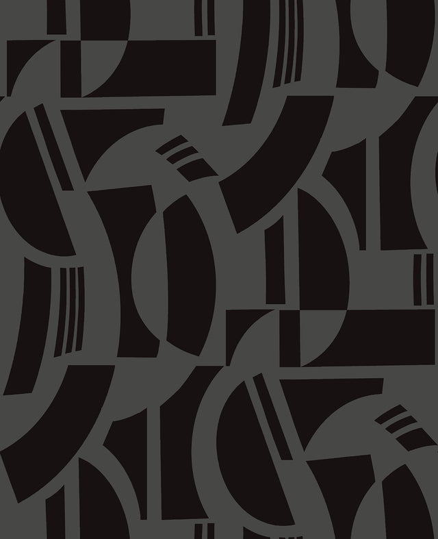 Carter Black Geometric Flock Wallpaper with Modern Graphic Pattern - Brewster 4034-87379