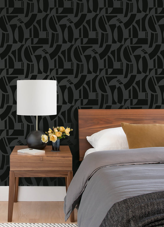 Carter Black Geometric Flock Wallpaper with Modern Graphic Pattern - Brewster 4034-87379