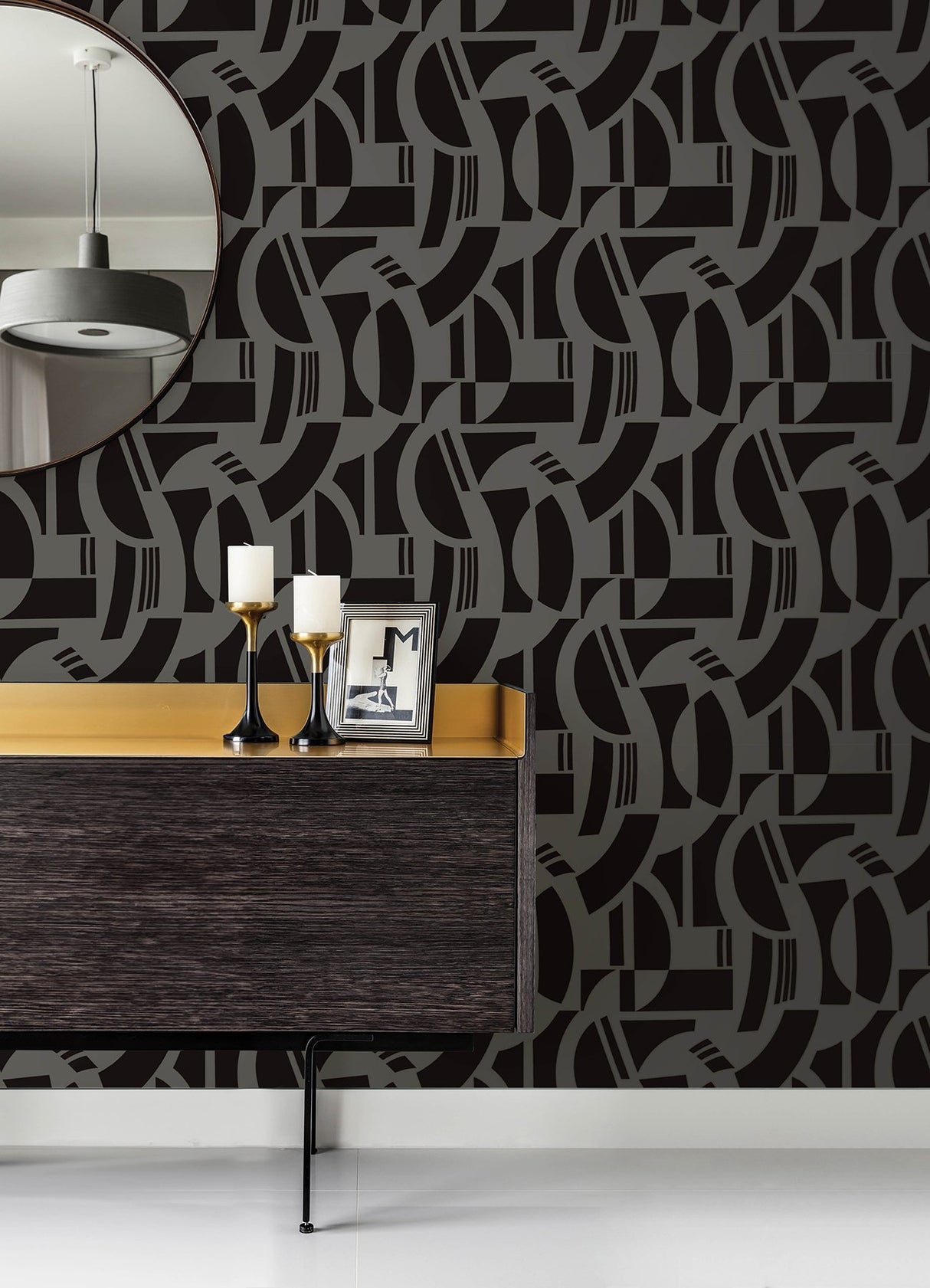 Carter Black Geometric Flock Wallpaper with Modern Graphic Pattern - Brewster 4034-87379
