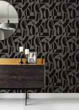 Carter Black Geometric Flock Wallpaper with Modern Graphic Pattern - Brewster 4034-87379
