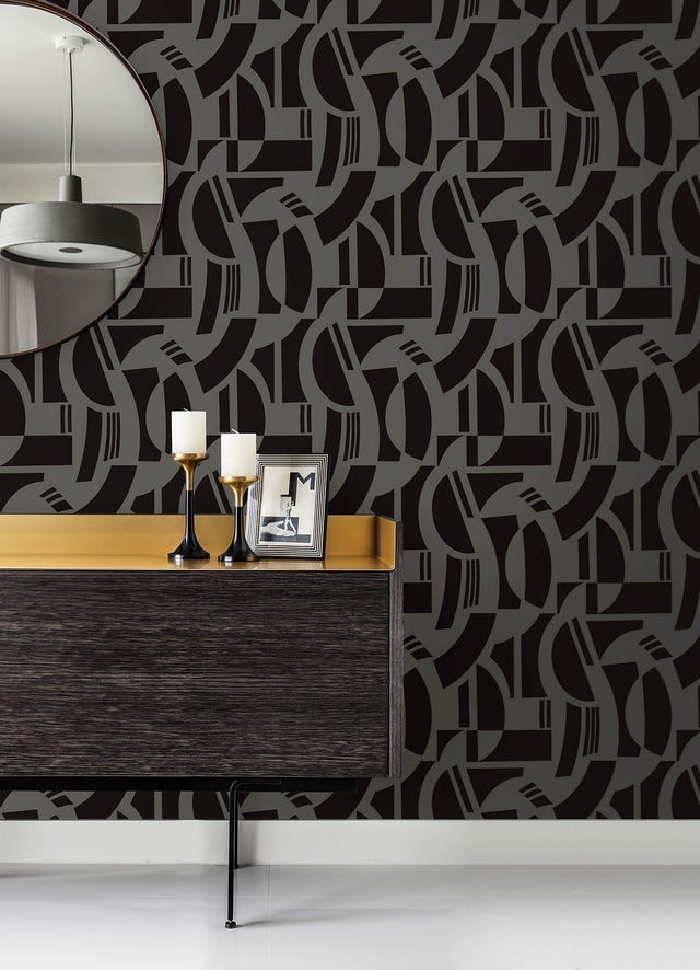 Carter Black Geometric Flock Wallpaper with Modern Graphic Pattern - Brewster 4034-87379
