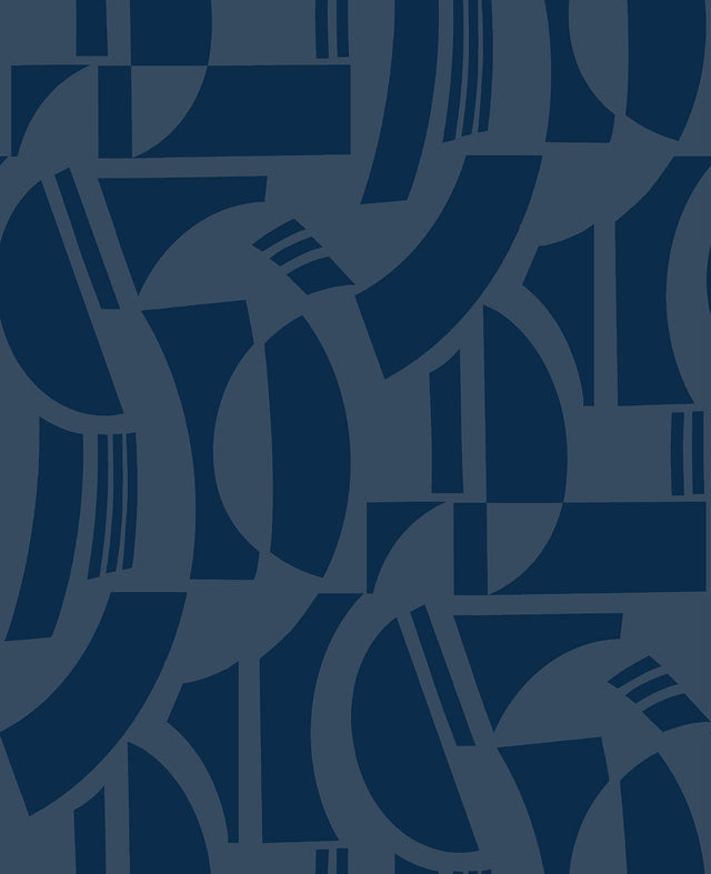 Carter Indigo Geometric Flock Wallpaper with Modern Graphics Pattern - Brewster 4034-87381