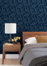Carter Indigo Geometric Flock Wallpaper with Modern Graphics Pattern - Brewster 4034-87381
