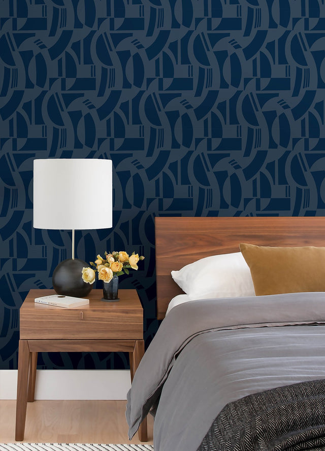Carter Indigo Geometric Flock Wallpaper with Modern Graphics Pattern - Brewster 4034-87381