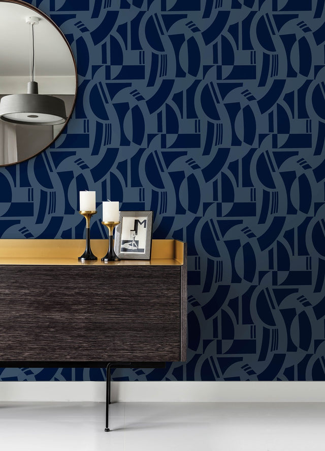 Carter Indigo Geometric Flock Wallpaper with Modern Graphics Pattern - Brewster 4034-87381