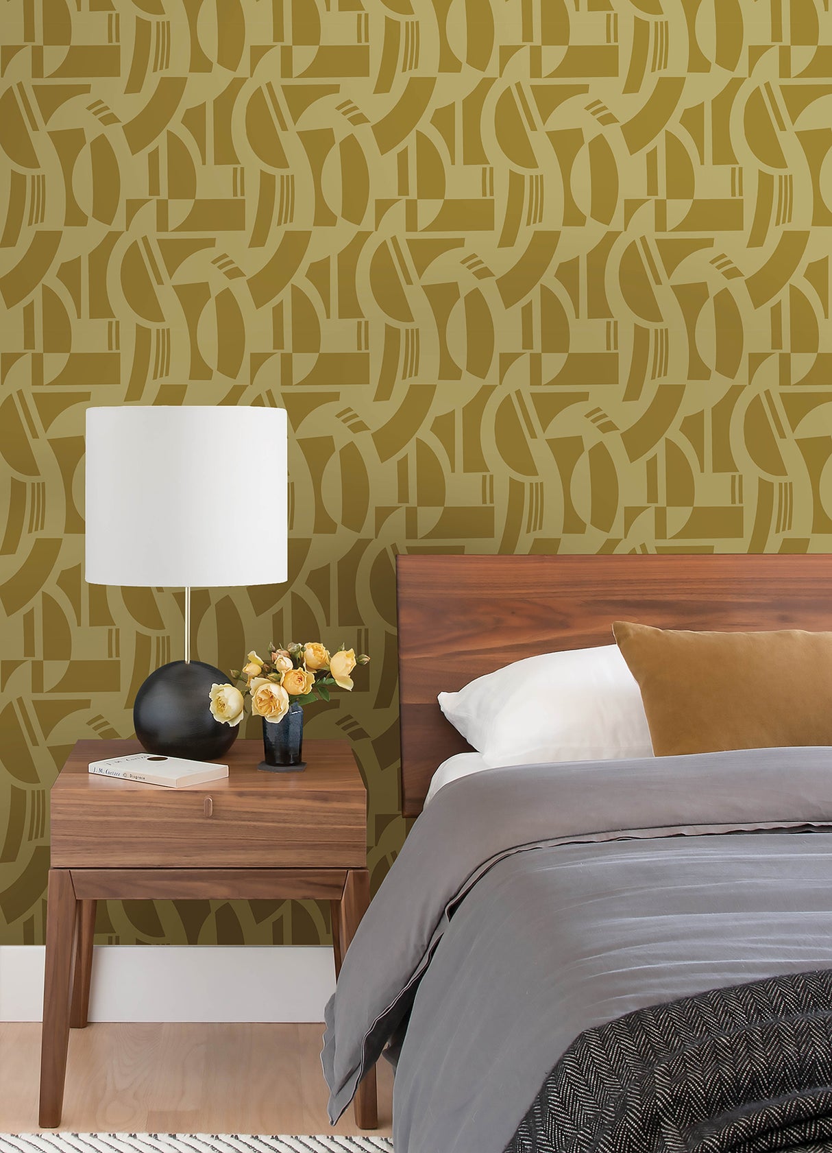 Carter Gold Geometric Flock Wallpaper by A-Street Prints - Modern Gold Geometric Non Woven Unpasted Strippable Washable Wallpaper SP87382