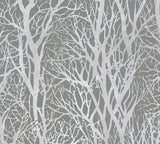 Yasuo Grey Tree Branch Wallpaper with Metallic Silver Botanical Tree Motif - Advantage 4035-30094-3