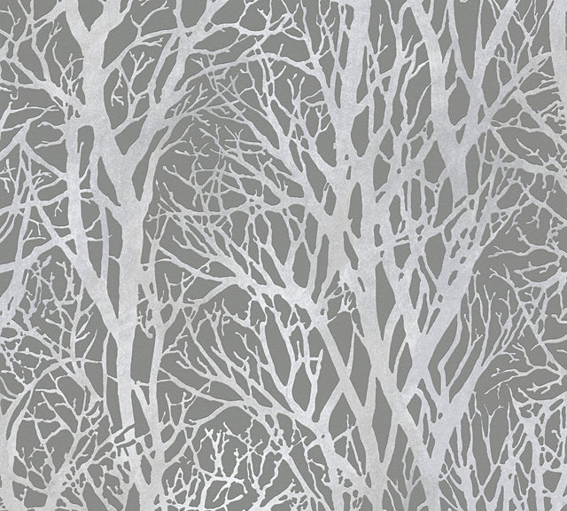 Yasuo Grey Tree Branch Wallpaper with Metallic Silver Botanical Tree Motif - Advantage 4035-30094-3