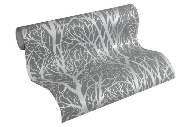 Yasuo Grey Tree Branch Wallpaper with Metallic Silver Botanical Tree Motif - Advantage 4035-30094-3