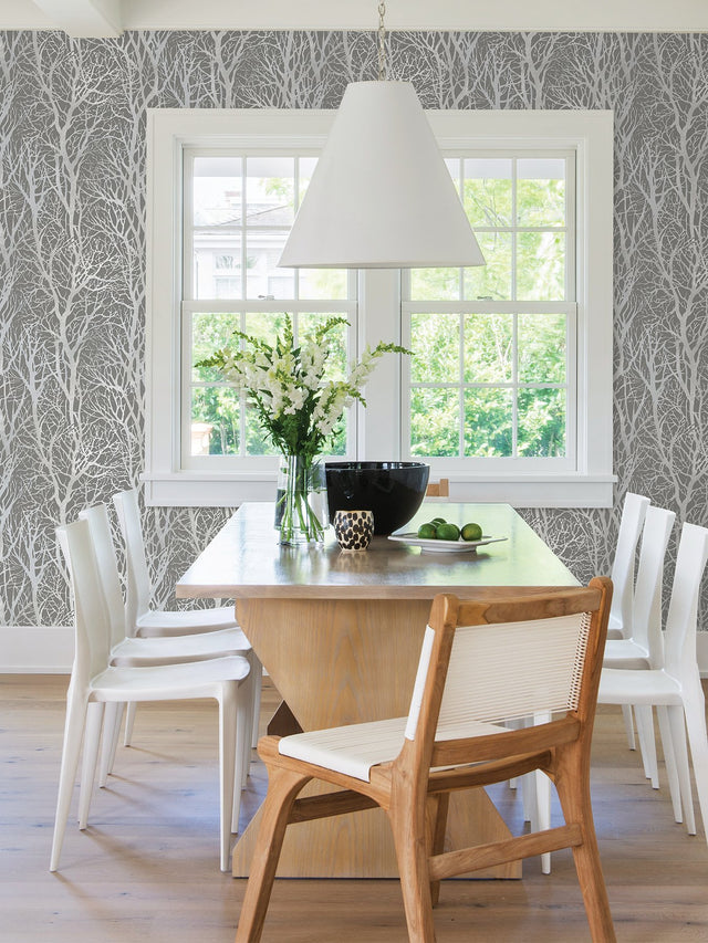 Yasuo Grey Tree Branch Wallpaper with Metallic Silver Botanical Tree Motif - Advantage 4035-30094-3