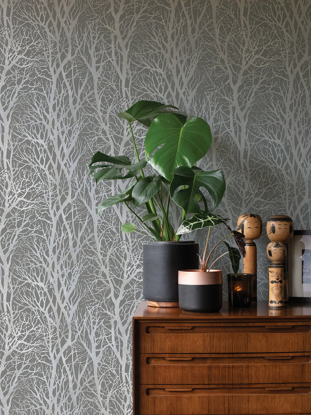 Yasuo Grey Tree Branch Wallpaper with Metallic Silver Botanical Tree Motif - Advantage 4035-30094-3