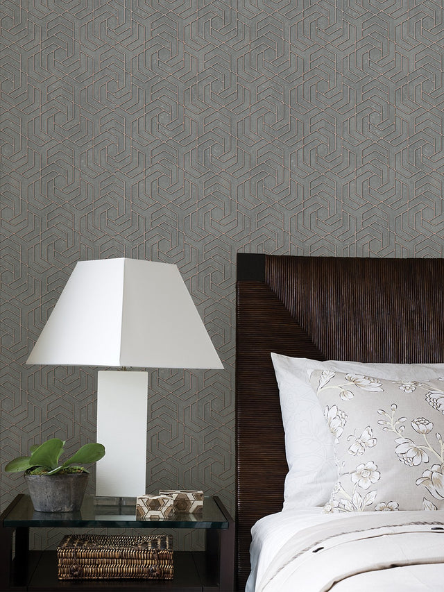 Tama Charcoal Geometric Wallpaper with Metallic Textured Pattern - Advantage 4035-32609