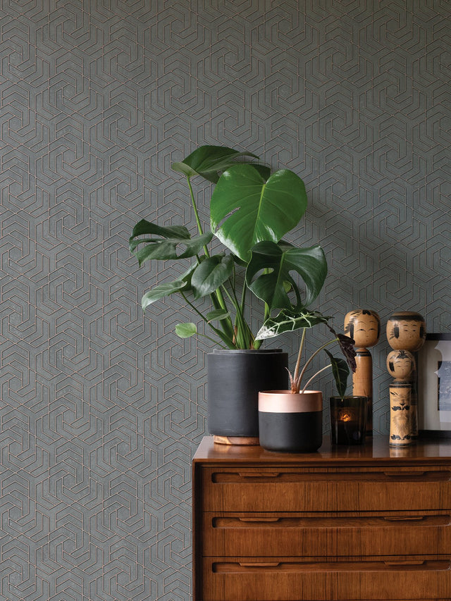 Tama Charcoal Geometric Wallpaper with Metallic Textured Pattern - Advantage 4035-32609