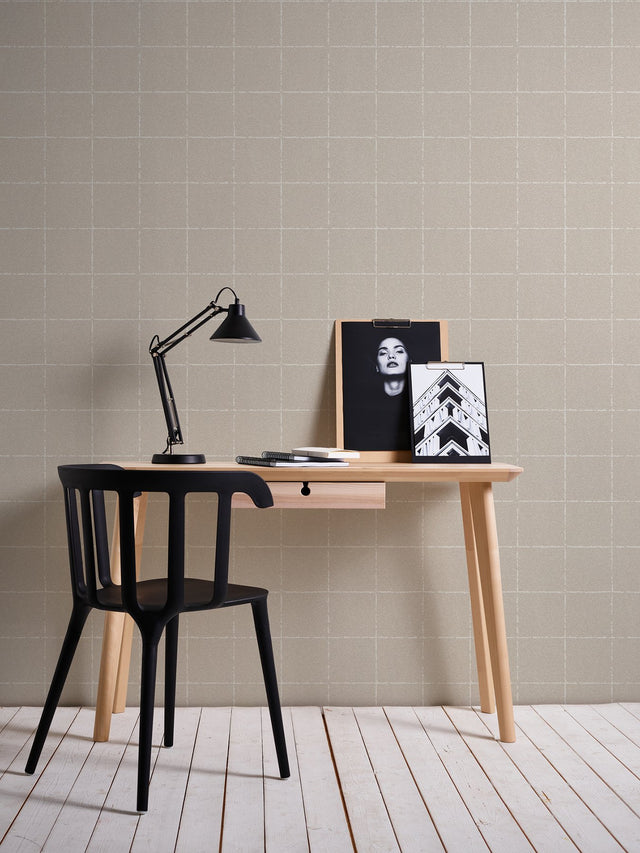 Kishi Neutral Tile Wallpaper with Textured Raised Ink Grid - Brewster 4035-37551-4