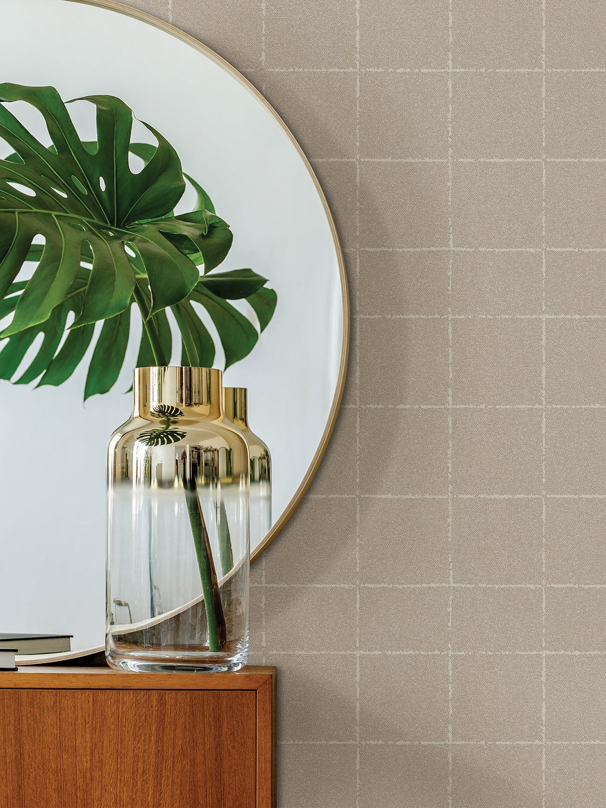Kishi Neutral Tile Wallpaper with Textured Raised Ink Grid - Brewster 4035-37551-4