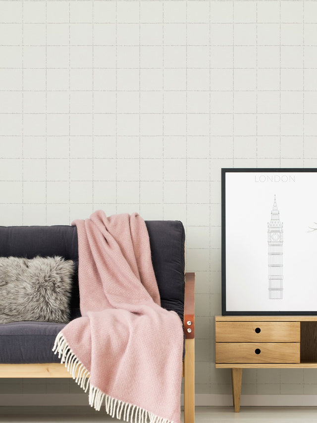 Kishi White Tile Textured Vinyl Wallpaper with Graphic Tile Pattern - Brewster 4035-37551-5