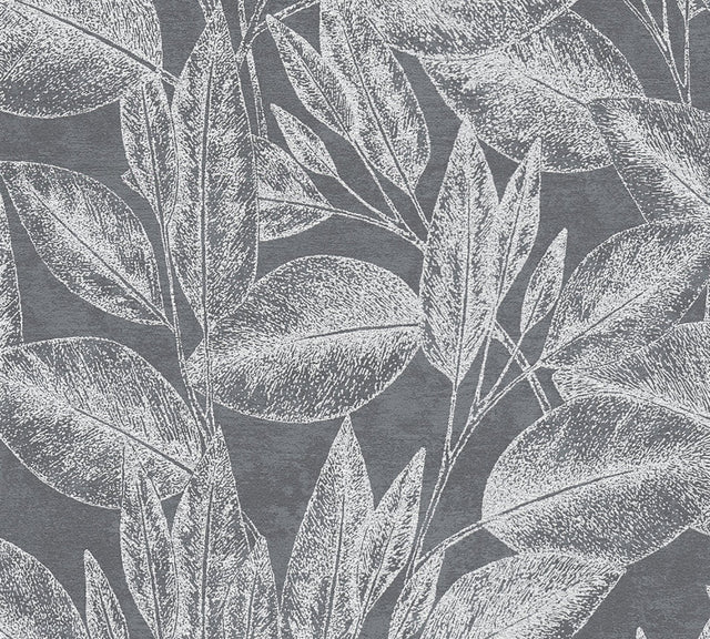 Suki Grey Leaves Wallpaper with Metallic Silver Botanical Motif - Advantage 4035-37836-4