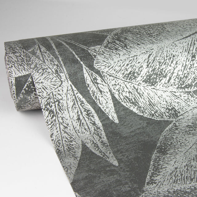 Suki Grey Leaves Wallpaper with Metallic Silver Botanical Motif - Advantage 4035-37836-4