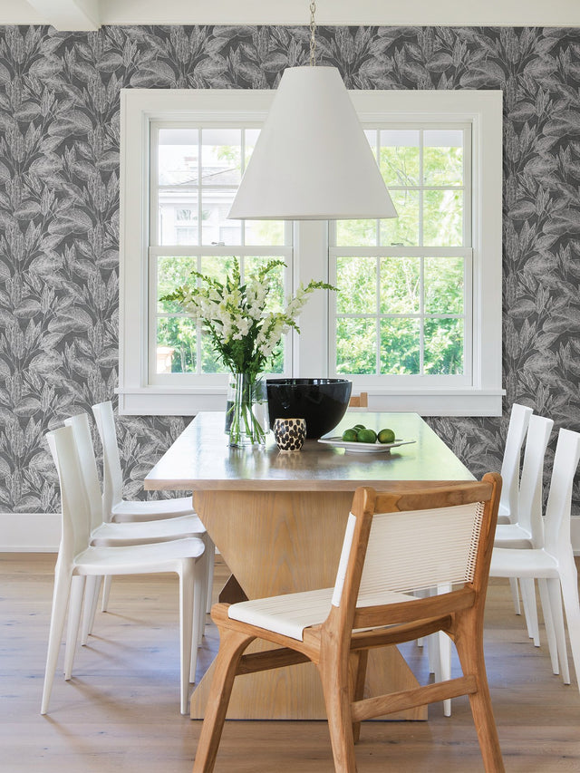 Suki Grey Leaves Wallpaper with Metallic Silver Botanical Motif - Advantage 4035-37836-4