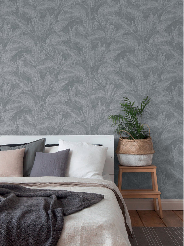 Suki Grey Leaves Wallpaper with Metallic Silver Botanical Motif - Advantage 4035-37836-4