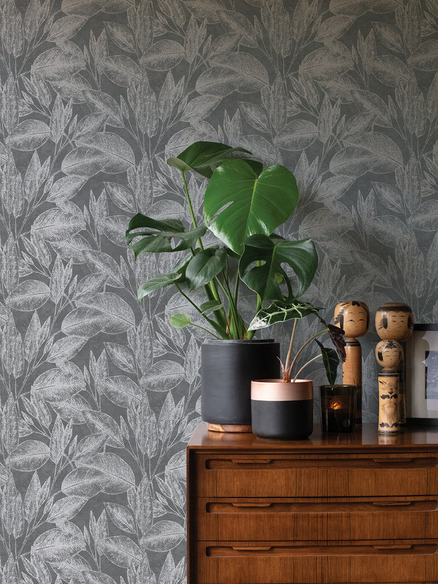 Suki Grey Leaves Wallpaper with Metallic Silver Botanical Motif - Advantage 4035-37836-4
