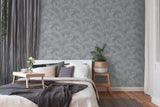 Suki Grey Leaves Wallpaper with Metallic Silver Botanical Motif - Advantage 4035-37836-4