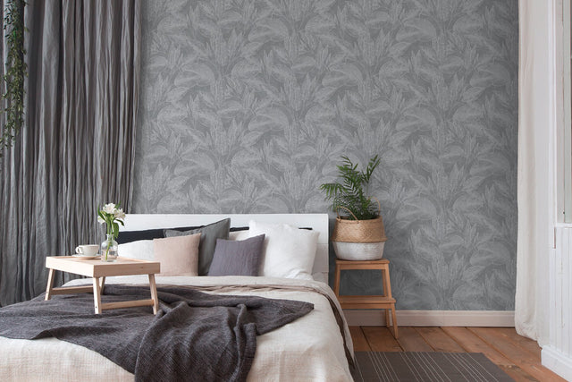 Suki Grey Leaves Wallpaper with Metallic Silver Botanical Motif - Advantage 4035-37836-4
