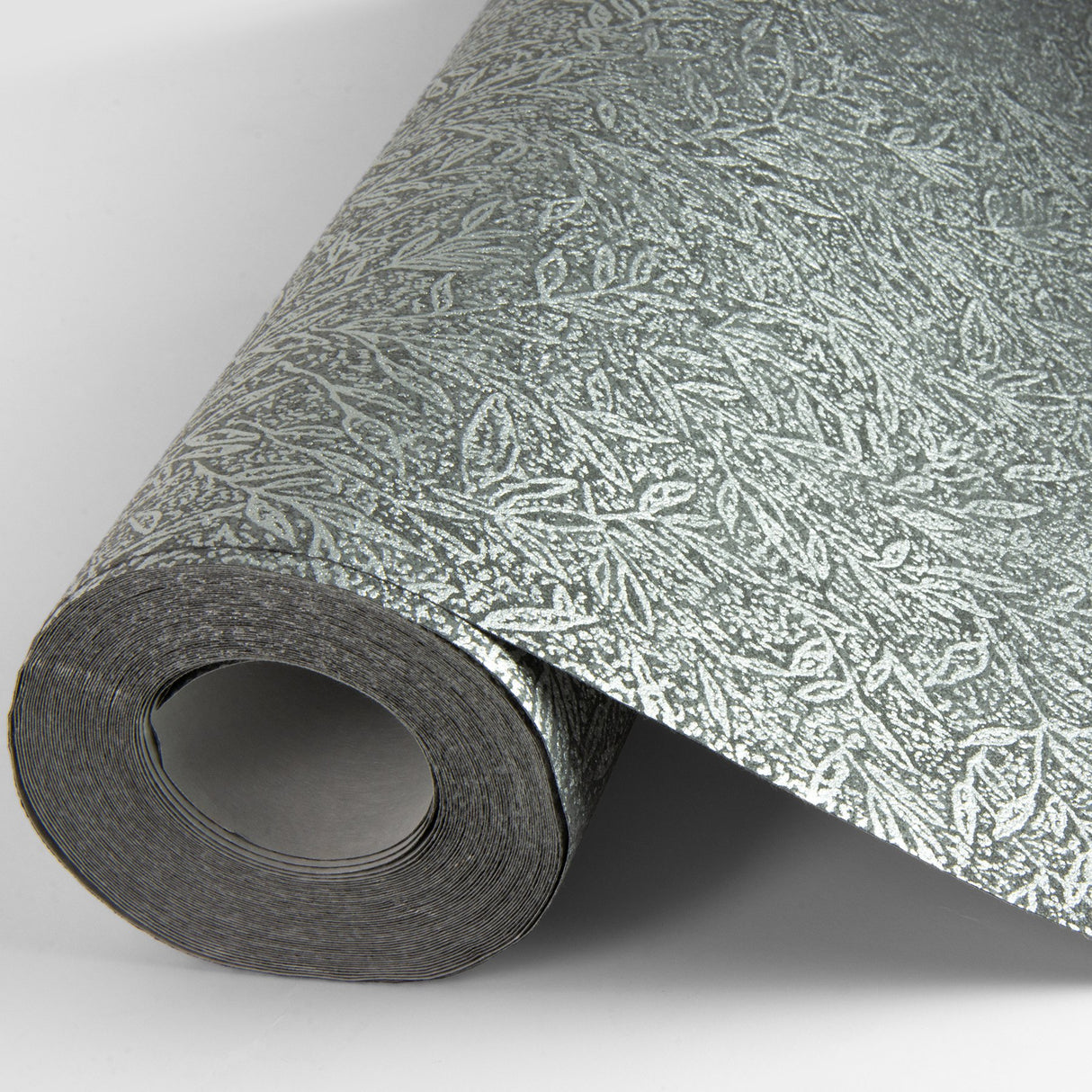 Sayuri Charcoal Leaf Trail Wallpaper with Metallic Textured Leaf Motif - Advantage 4035-37837-2
