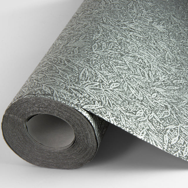 Sayuri Charcoal Leaf Trail Wallpaper with Metallic Textured Leaf Motif - Advantage 4035-37837-2