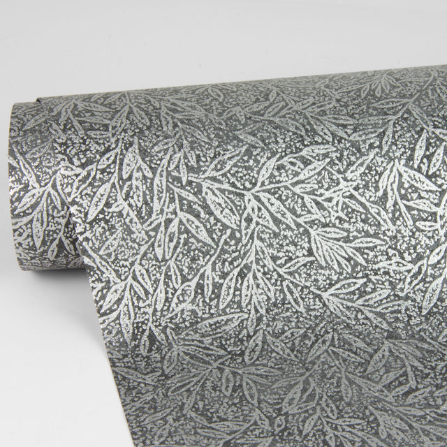 Sayuri Charcoal Leaf Trail Wallpaper with Metallic Textured Leaf Motif - Advantage 4035-37837-2