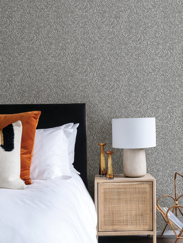 Sayuri Charcoal Leaf Trail Wallpaper with Metallic Textured Leaf Motif - Advantage 4035-37837-2