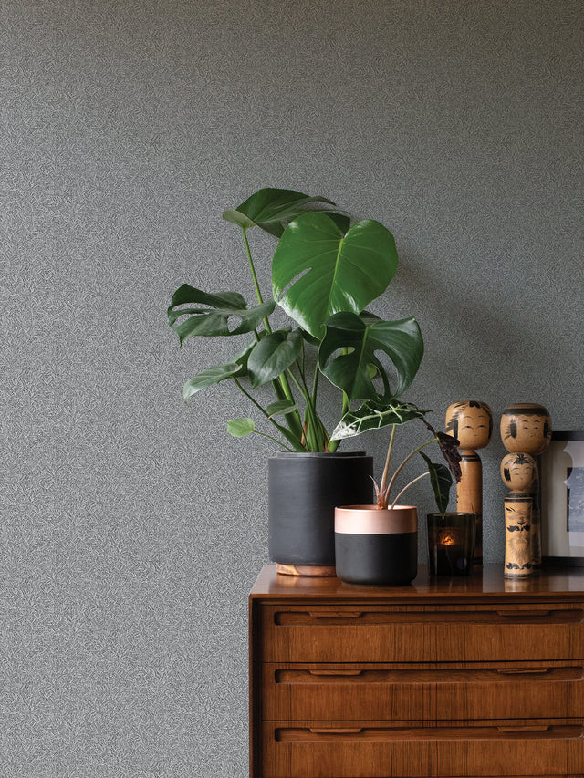 Sayuri Charcoal Leaf Trail Wallpaper with Metallic Textured Leaf Motif - Advantage 4035-37837-2