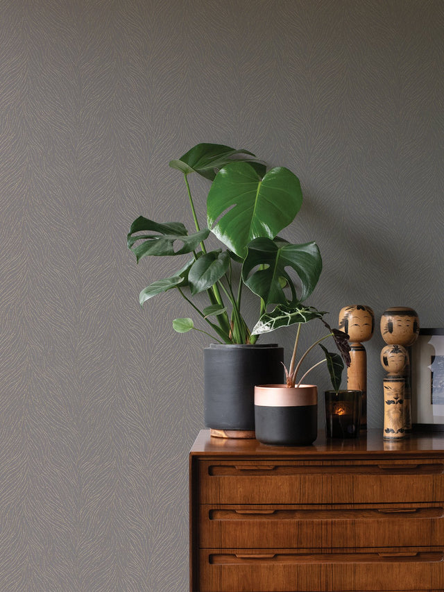 Tomo Mauve Abstract Wallpaper with Metallic Textured Botanical Curves - Advantage 4035-408741